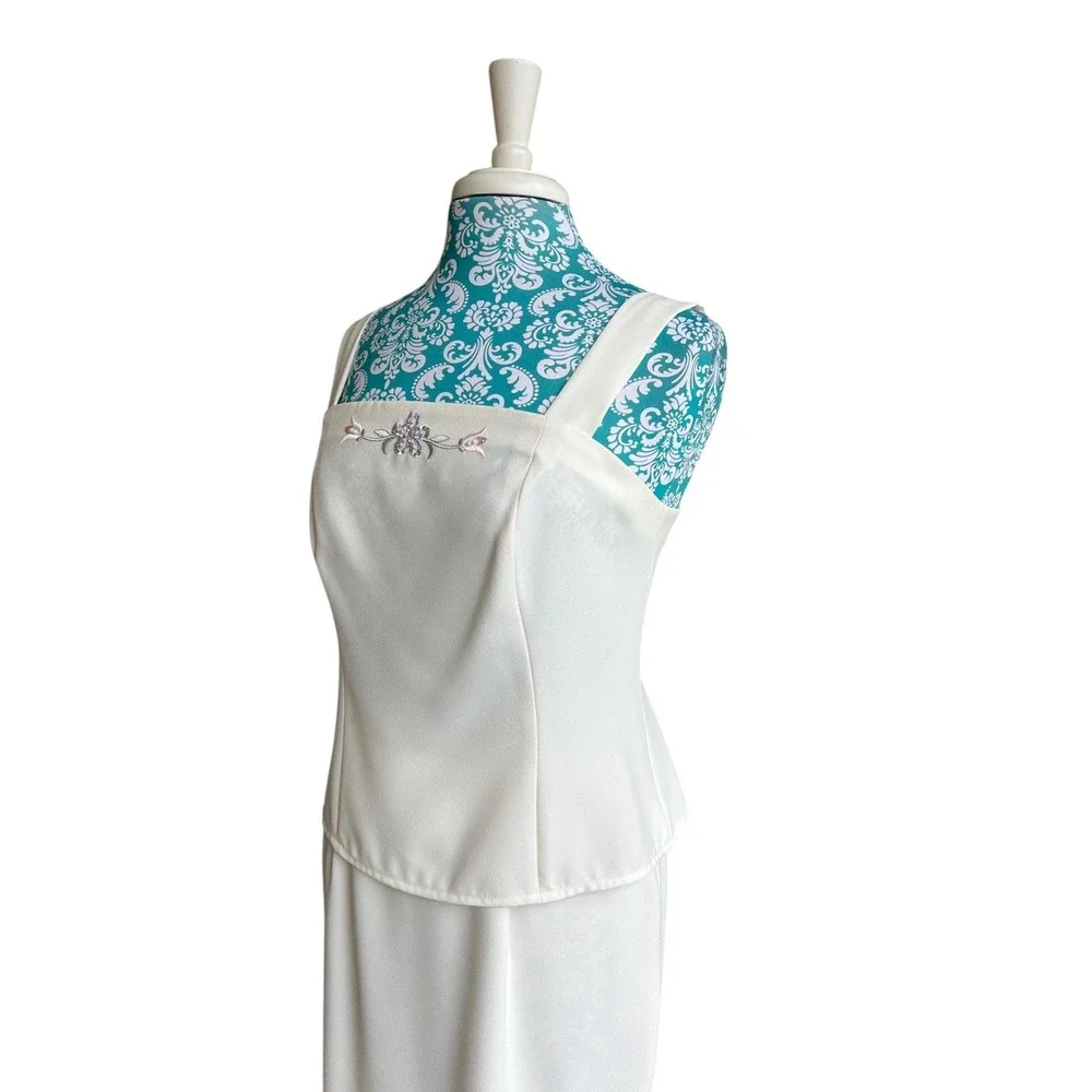 Vintage Women's Skirt Set Pearl Sequin Top Embroidered Pastel Pink & Aqua Suit - Picture 3 of 13